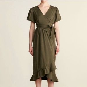 ON TWELFTH Puff Sleeve Wrap Dress in Military Green